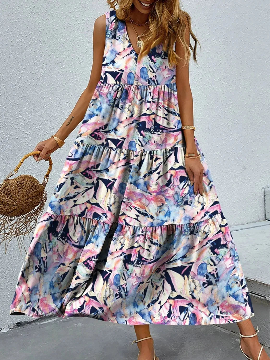 Printed V - Neck Tiered Maxi Tank Dress - VILLA FASHION